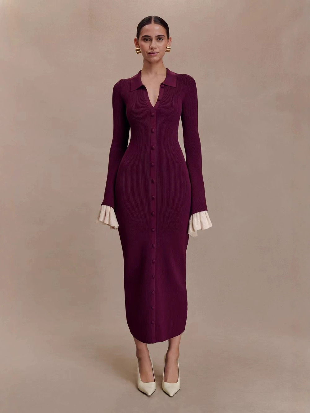 Zara Knit Cardigan Bodycon Maxi Dress Long Sleeve Lapel Collar